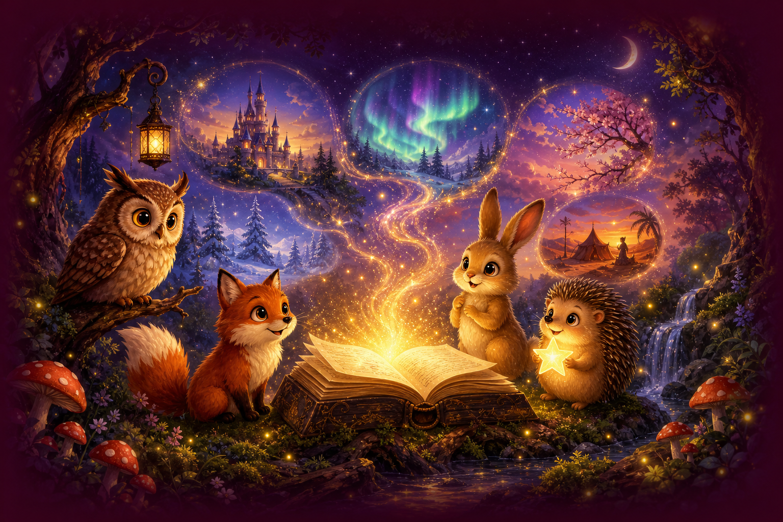 Bajkowa ilustracja: magiczna księga i urocze zwierzaki w gwiaździstej nocy - bajki z całego świata