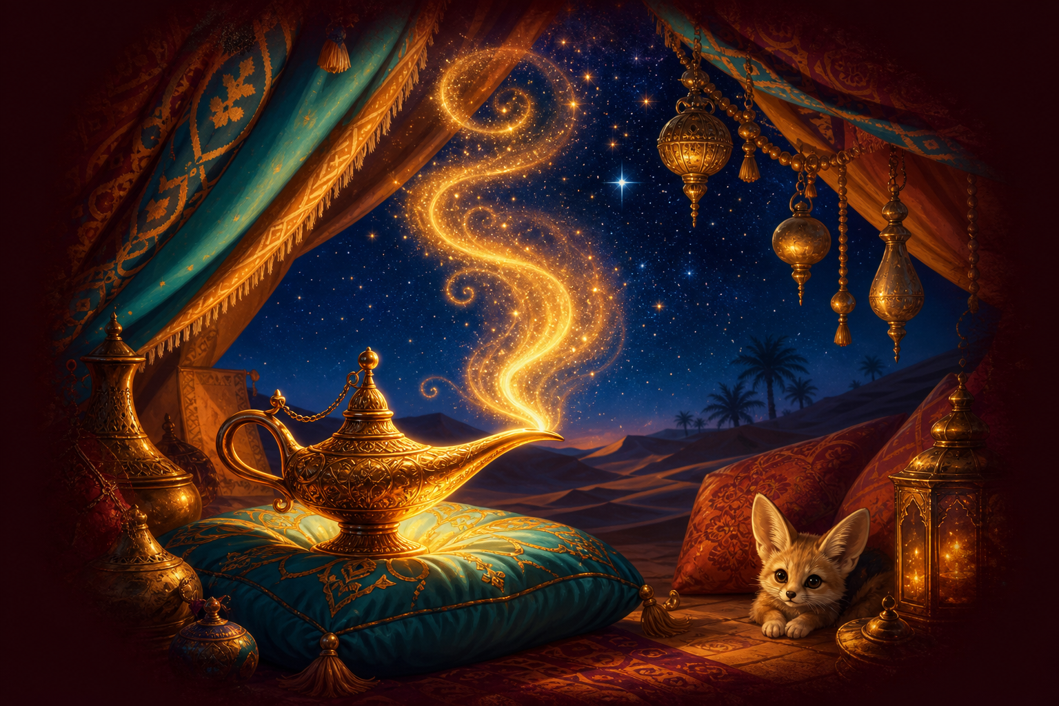 Bajkowa ilustracja: magiczna lampa i ciepłe światło w namiocie pod gwiazdami - Bliski Wschód