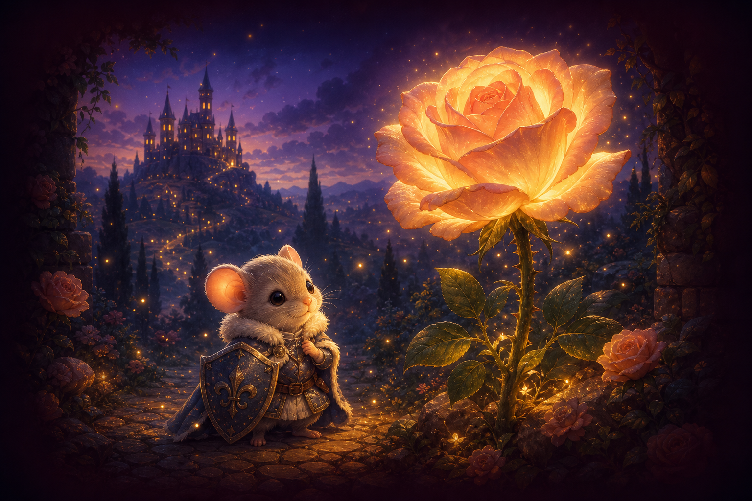 Bajkowa ilustracja: mały mysi rycerz i magiczna róża przy zarysie zamku - Europa Zachodnia i Śródziemnomorze